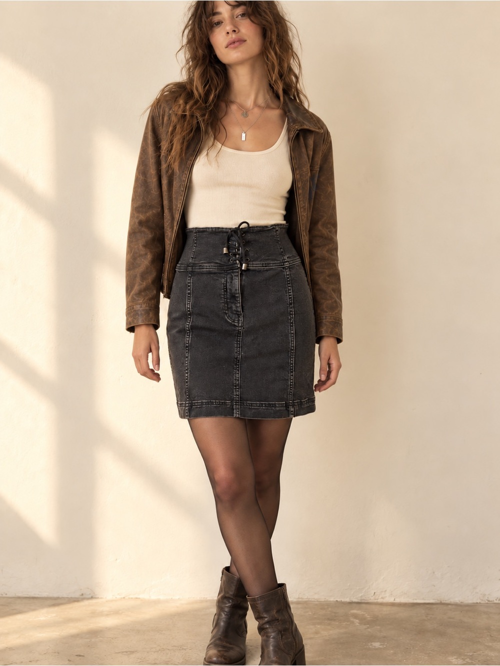 Free People Black Denim Corset Lace-Up Skirt Size 8